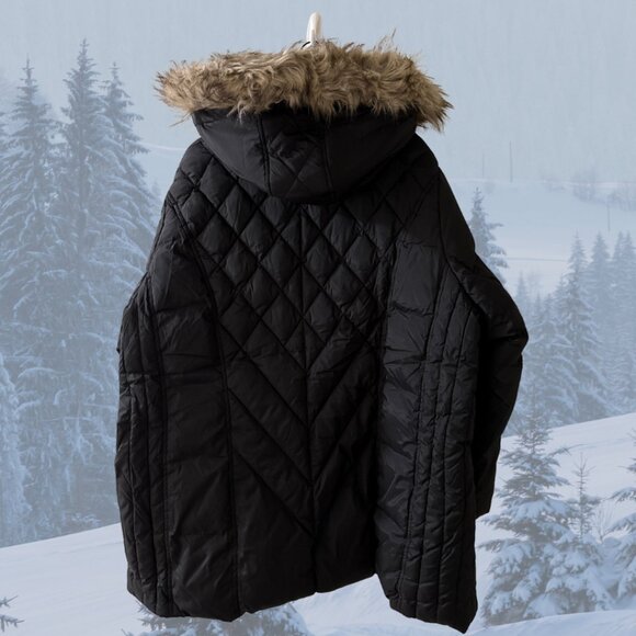 NEW - London Fog Faux-Fur-Trimmed Down Puffer Coat w/Hood - Black/Tan - Picture 9 of 13